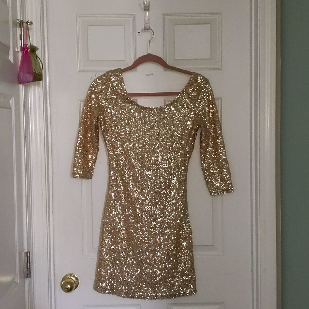 Banana USA gold sequin fitted swift Swifty Y2K dress Sz S